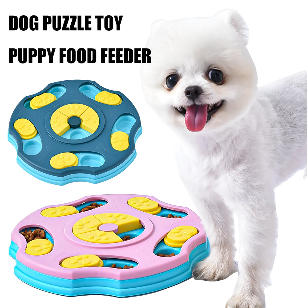 Blue interactive dog puzzle toy bowl with food compartments for slow feeding and brain games.