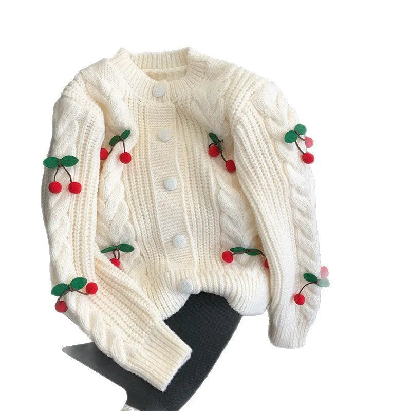 Cherry pattern loose lazy sweater in white with 3D cherries and long sleeves