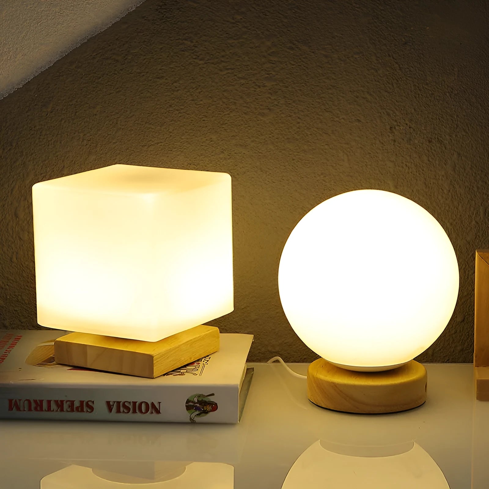 Nordic style solid wood USB table lamp in white geometric shape with touch dimming control