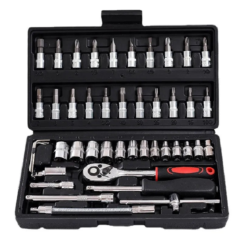 Chromium vanadium steel socket ratchet wrench set with ratchet handle and sockets for repair.
