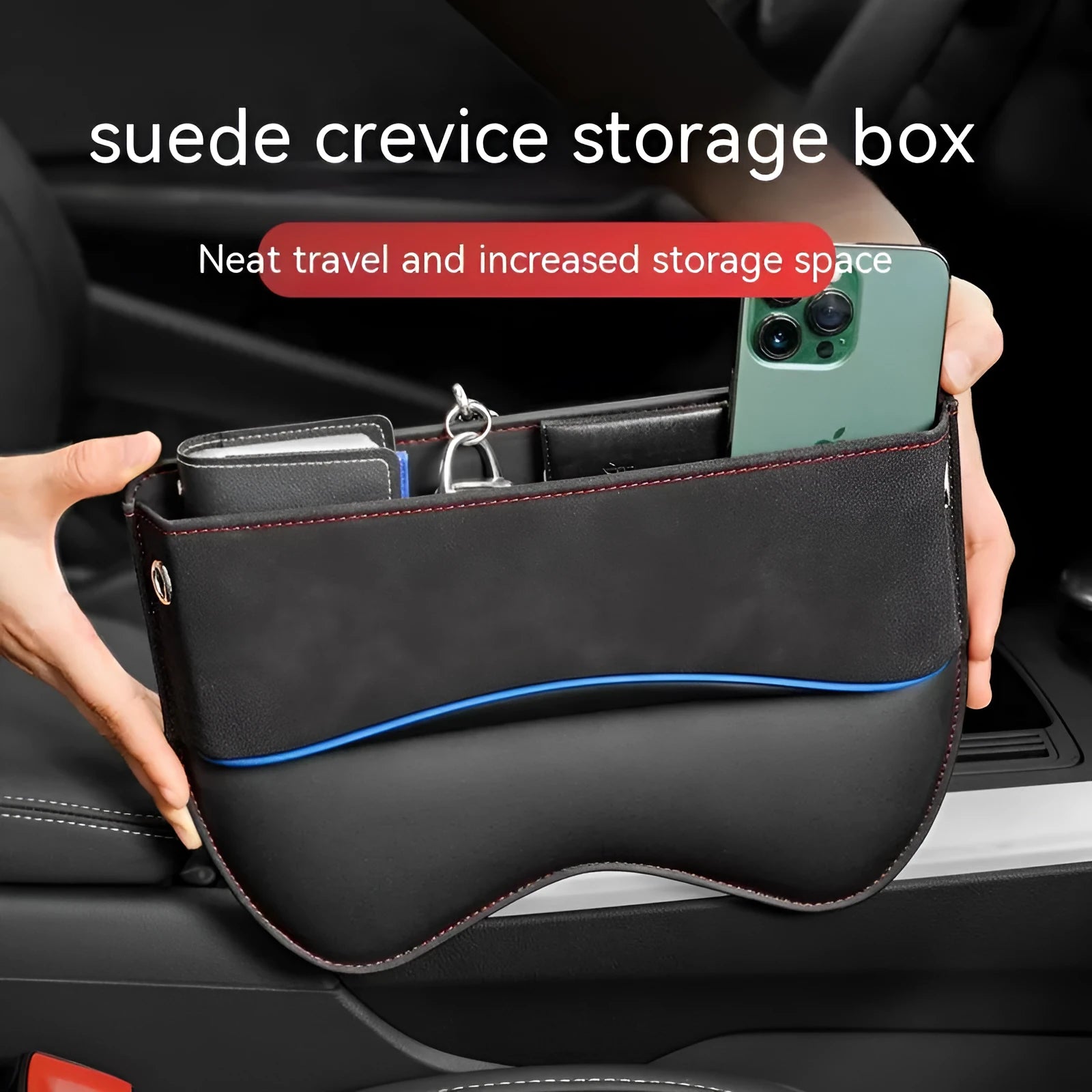 Black leather car seat storage box on a vehicle seat showing its rectangular shape and size.