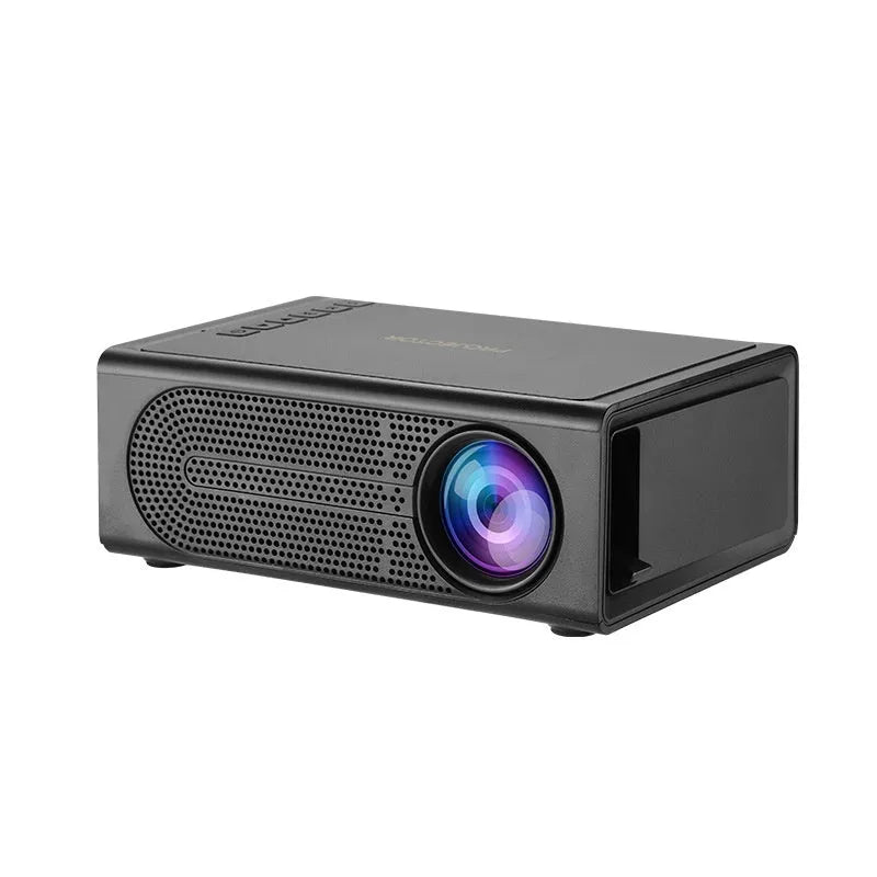 Portable mini projector in black with wired mobile phone connection and UK plug