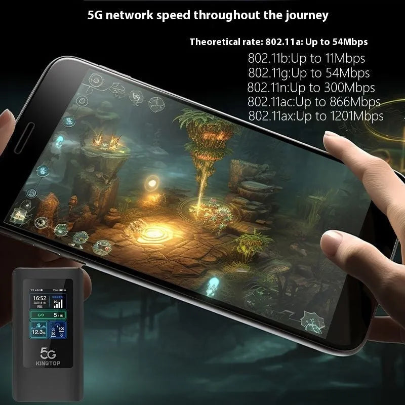 Black 5G portable Wi-Fi router showing LCD display, TYPE-C port, and compact 125x70x17mm design