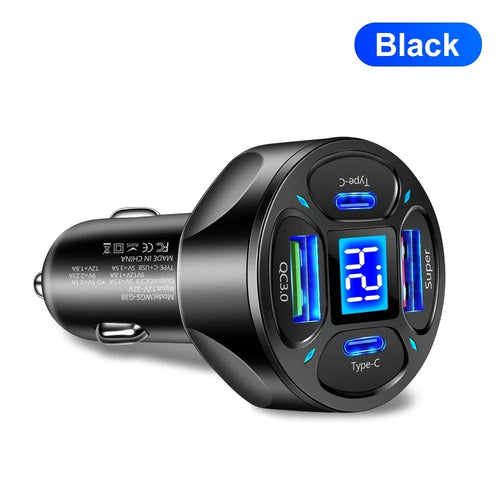 66W digital display car charger with four USB and Type-C ports for fast charging