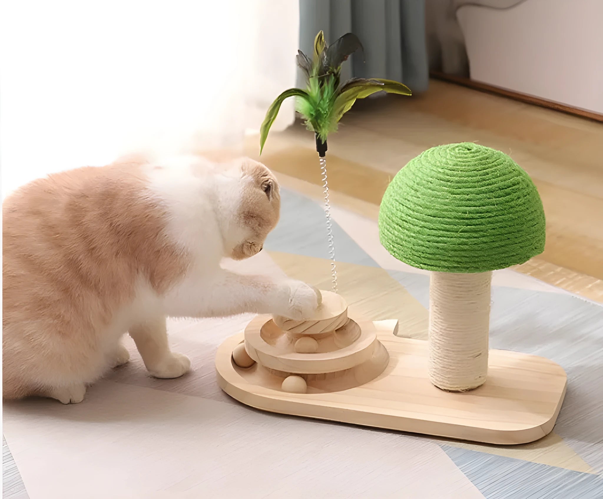 Solid wood cat scratch post with mushroom turntable in green, ball track and double sisal balls, 1kg