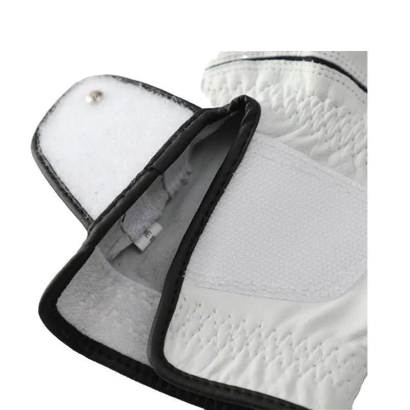 Men's white half sheepskin golf glove showing breathable fabric construction and non-slip surface