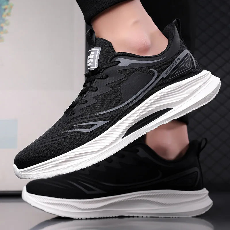 Men's low-top woven mesh casual shoes in black with a round toe and rubber sole.