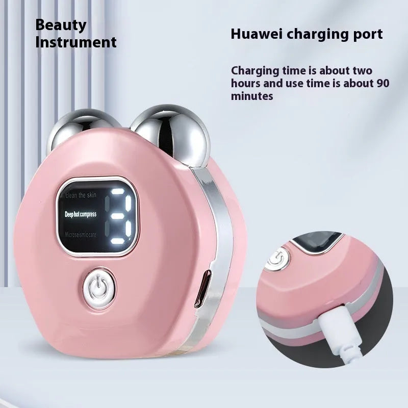 Portable white facial massage instrument with dual rollers and a USB charging cable.