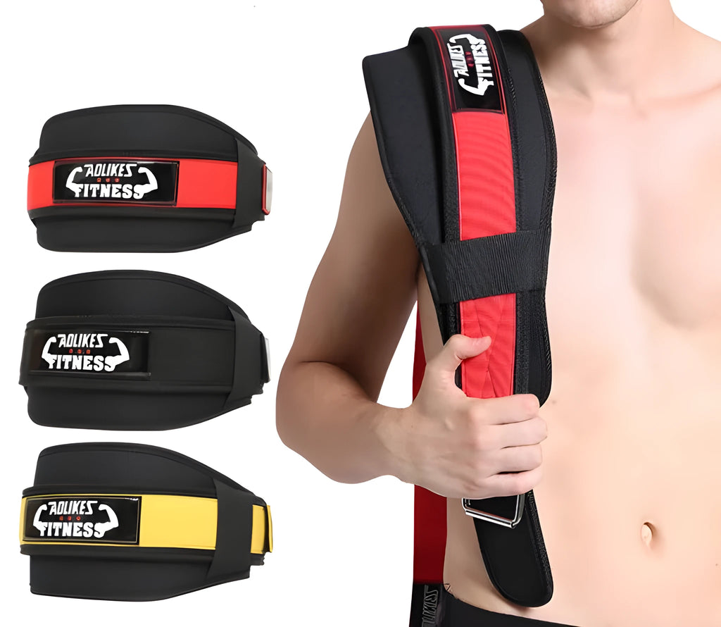 A black adjustable nylon fitness weightlifting waistband or support belt shown on a neutral background.