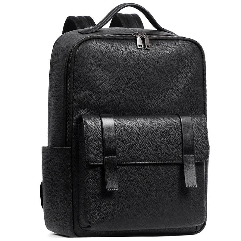 Black genuine leather men's computer backpack with woven details, shown open