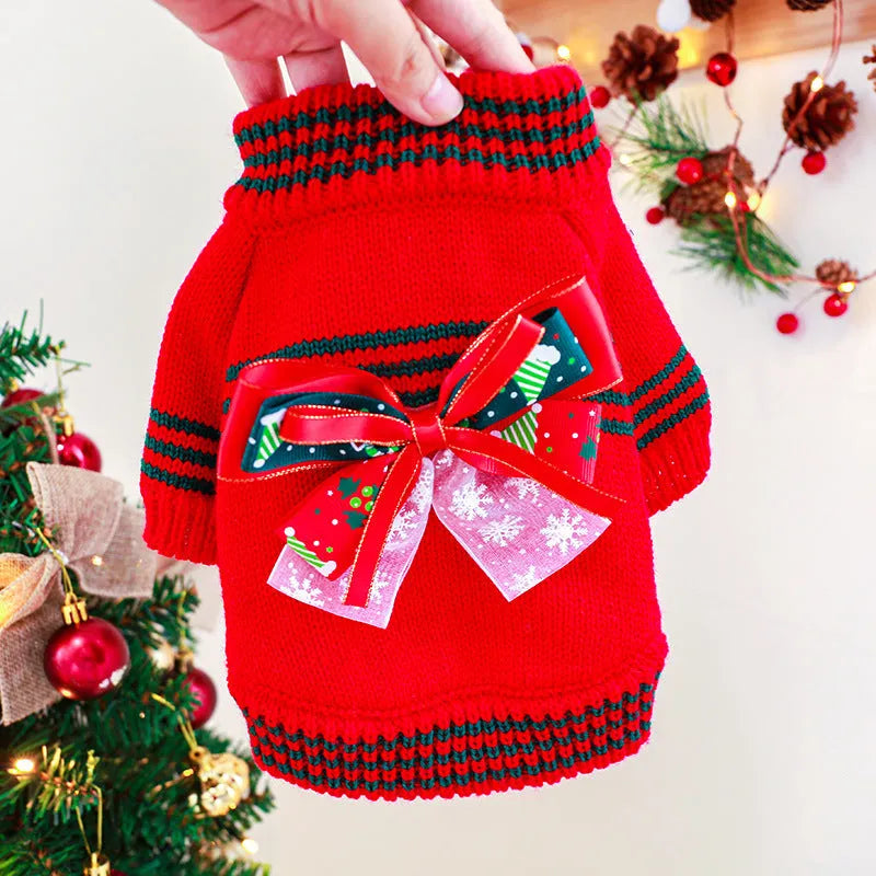 Red Christmas dog jumper on small pet with festive design and proper fitting