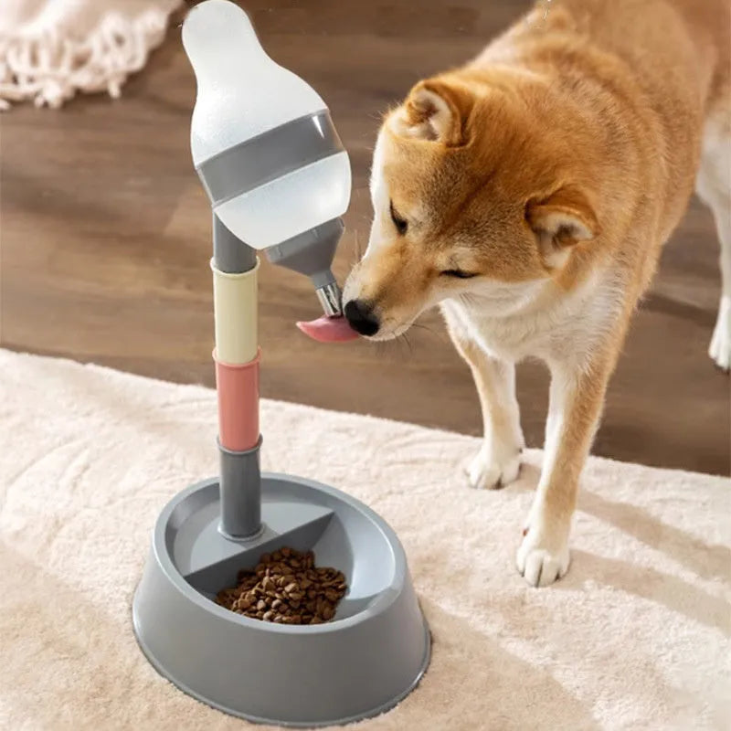 Green adjustable pet water dispenser with detachable pole and bowl on a table.