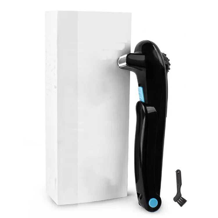 Black folding electric body shaver with battery compartment and compact folded design