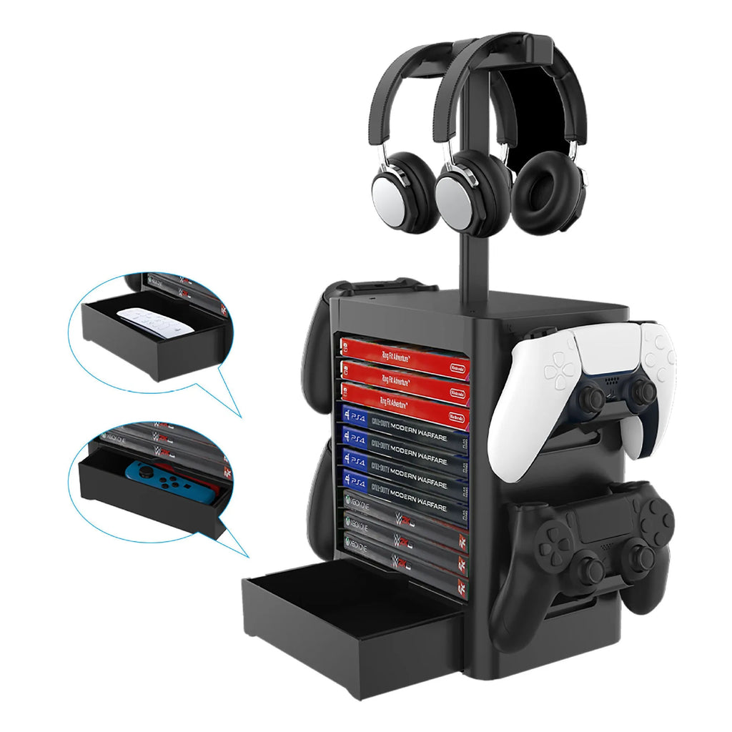 Black gaming console accessories storage rack holding controllers and headphones with a pull-out drawer.