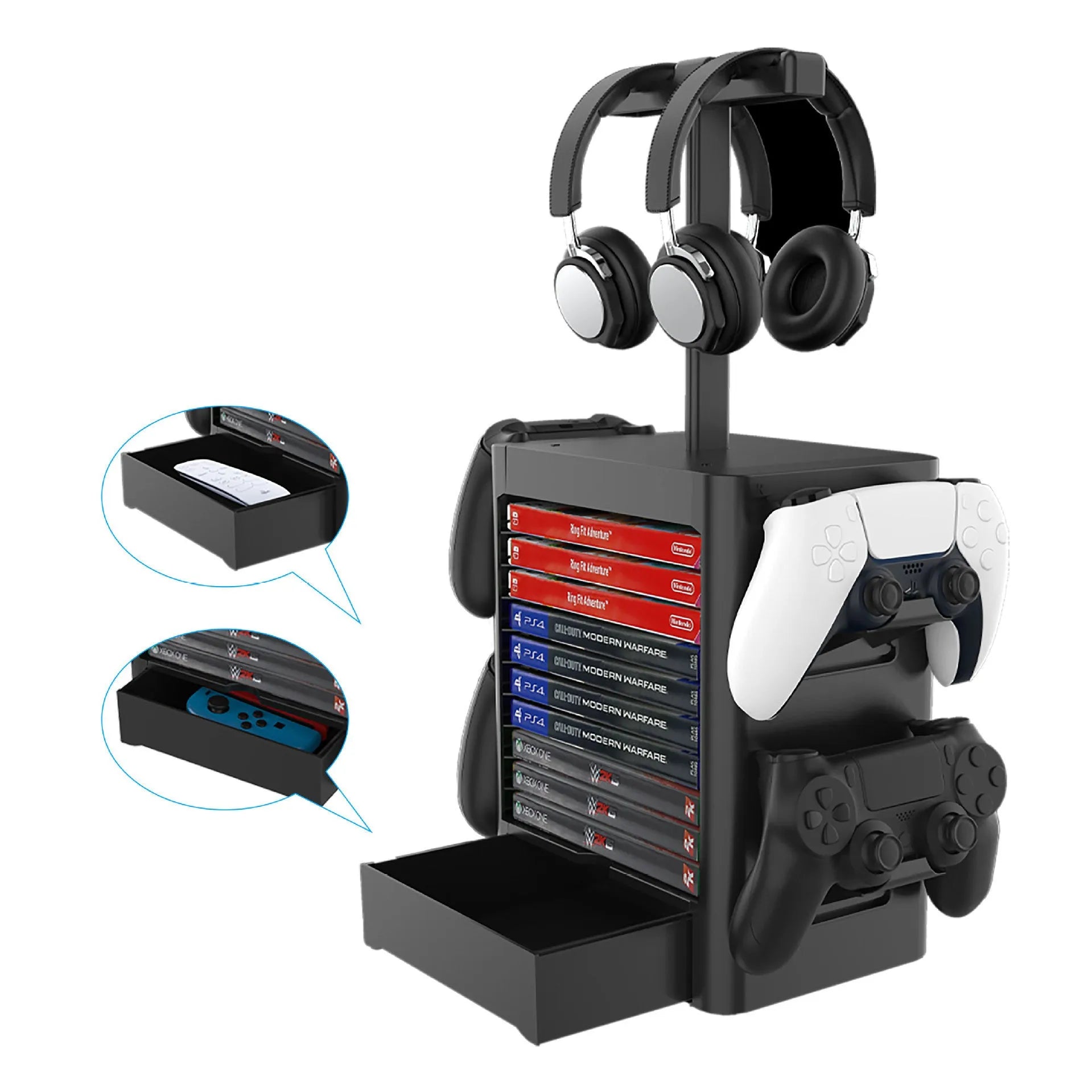 Black gaming console accessories storage rack holding controllers and headphones with a pull-out drawer.