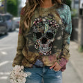 Black long sleeve sweatshirt with a large printed skull graphic on the front.