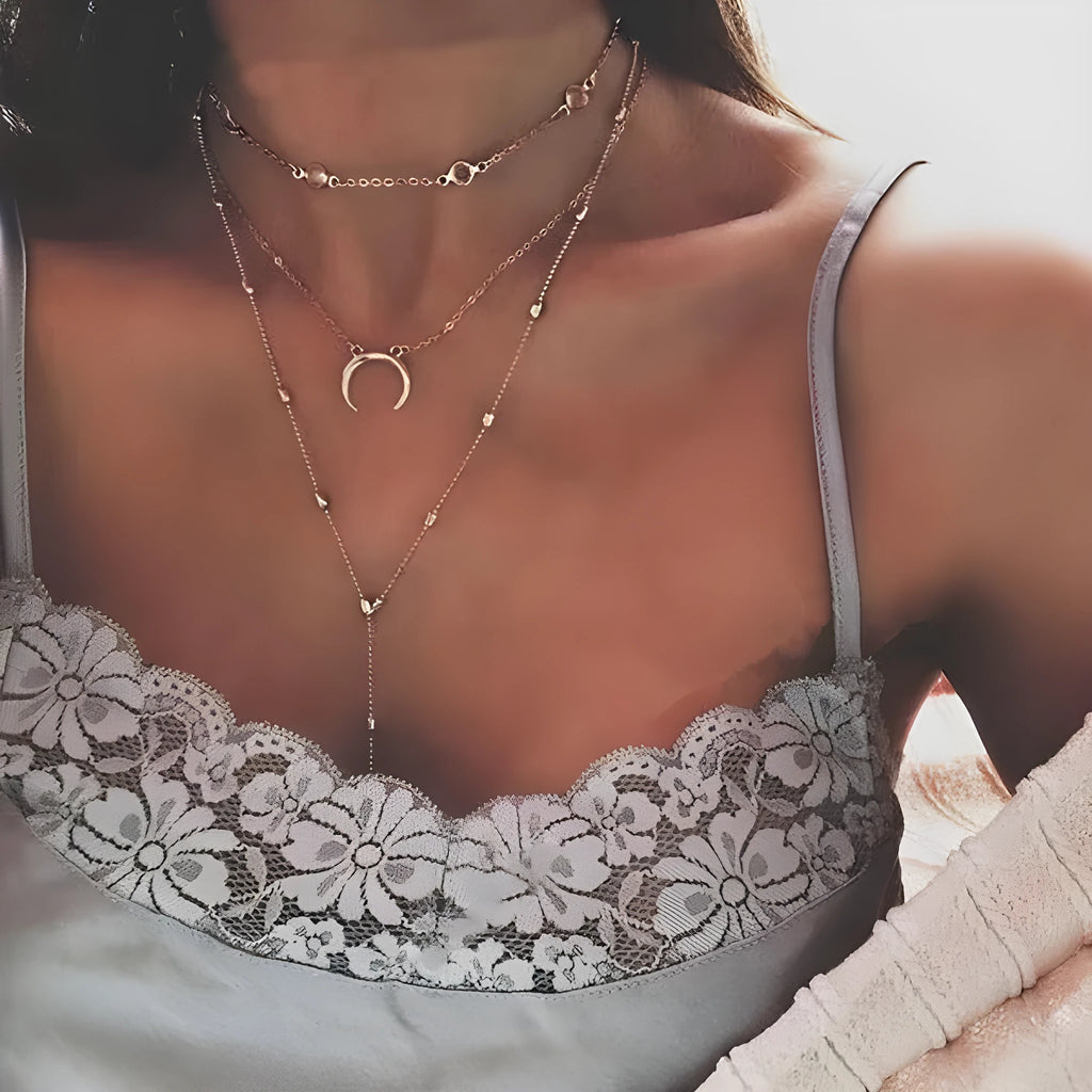 Gold silver multilayer crescent moon bead chain initial choker necklace on display with adjustable 35 cm chain and alloy finish