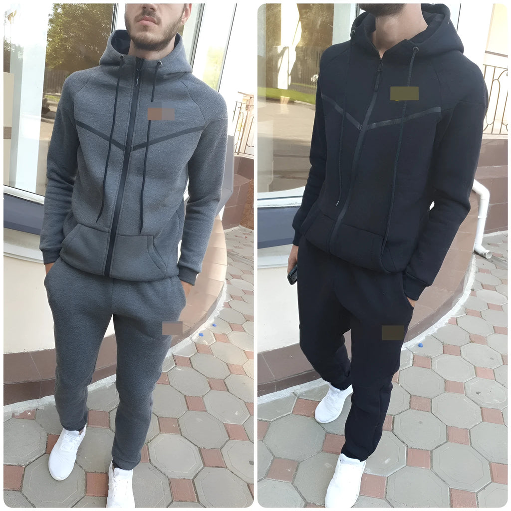 Two-piece sports and leisure set in black spandex, front view, available in sizes S to XL