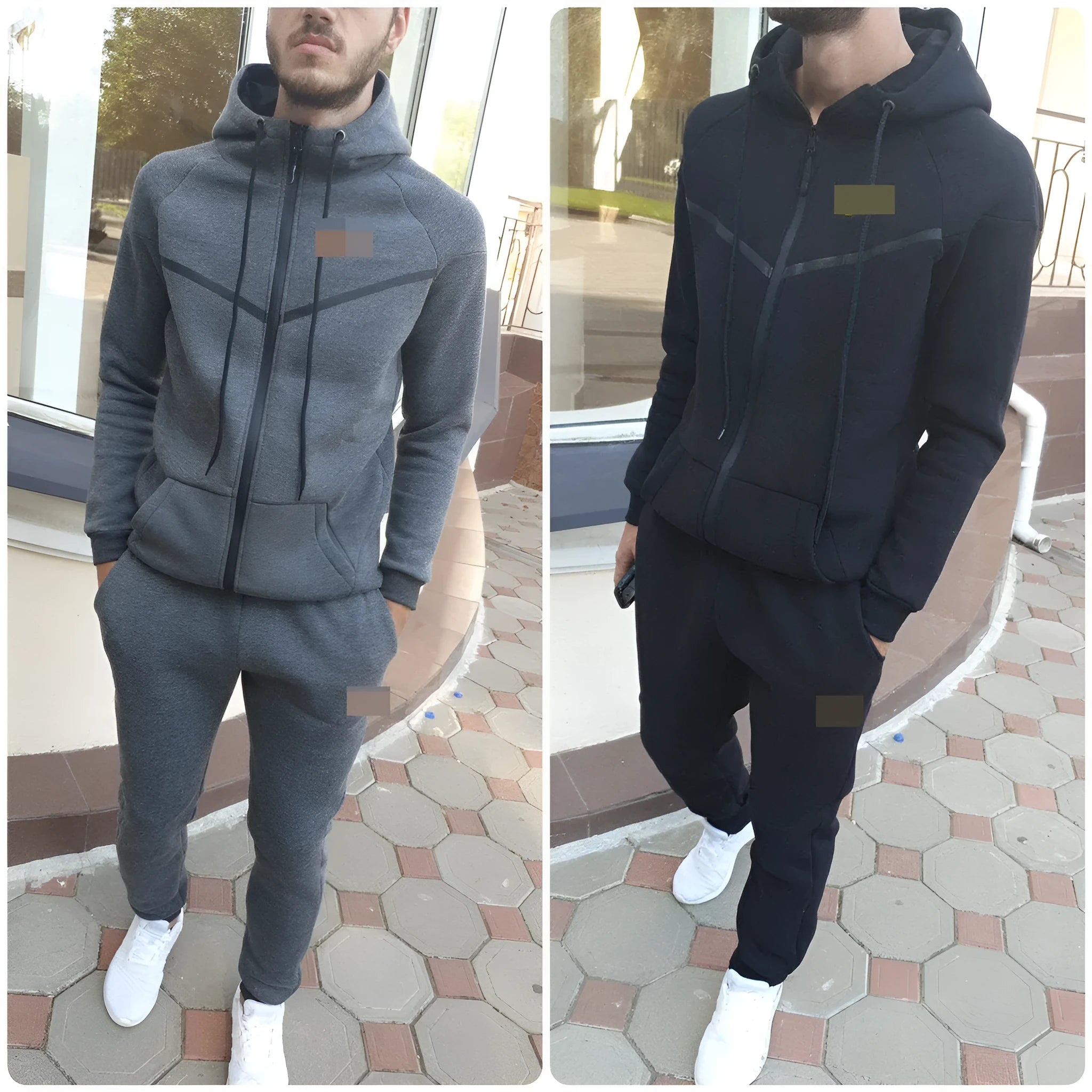 Two-piece sports and leisure set in black spandex, front view, available in sizes S to XL