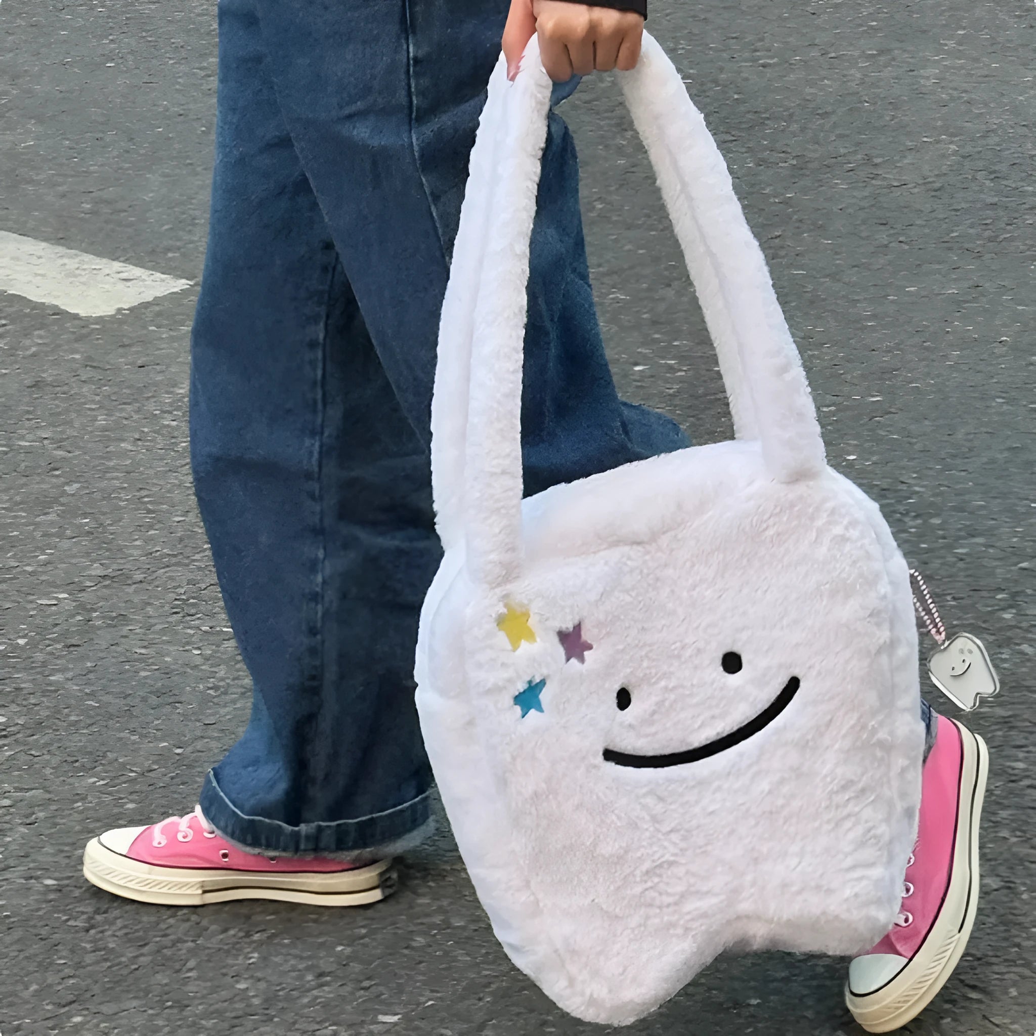 White plush shoulder tote bag with cute teeth pattern design and zipper closure