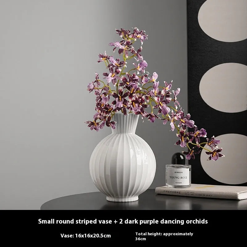 White American country style ball striped ceramic vase with orchid arrangement