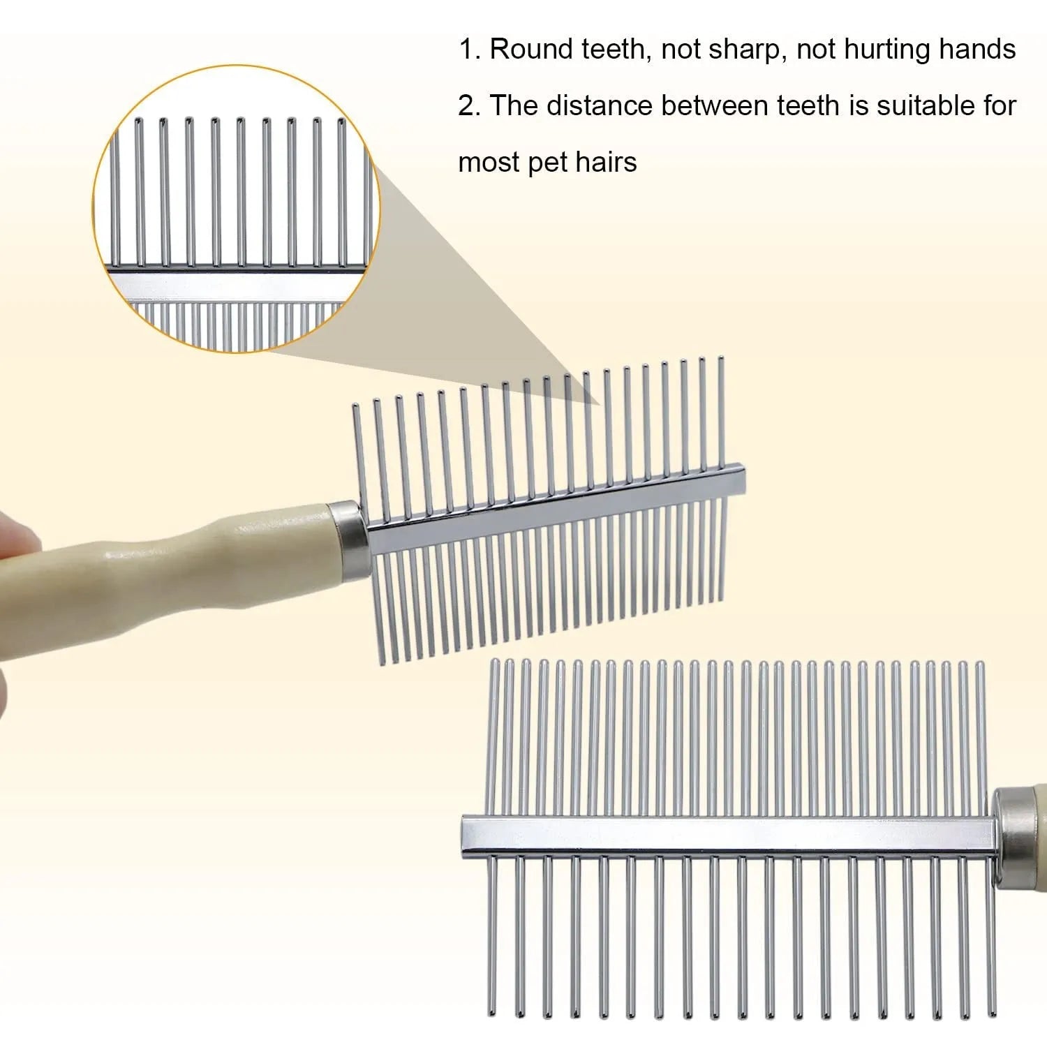 Wooden handle pet grooming comb for dogs and cats showing three comb head variations