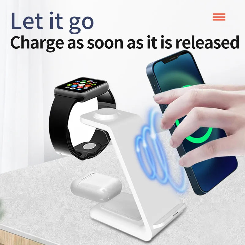 White 3-in-1 upright wireless phone charger stand with dual-coil design and Type-C cable