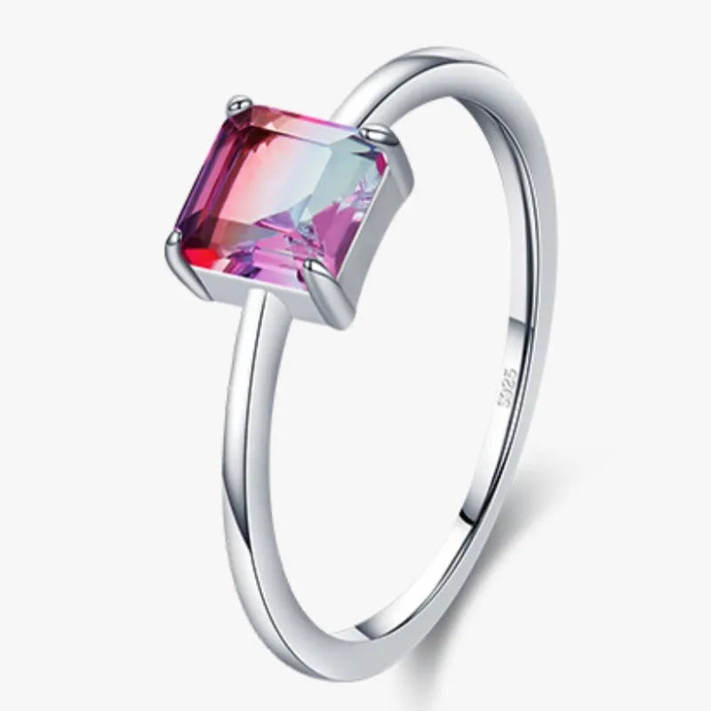 S925 sterling silver slim ring with quadrilateral watermelon tourmaline gemstone