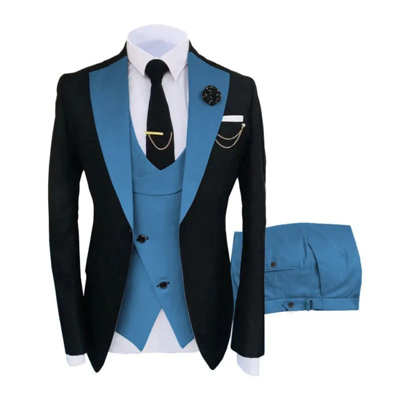 Men's slim fit three-piece business suit in cotton fabric with coat, vest and trousers