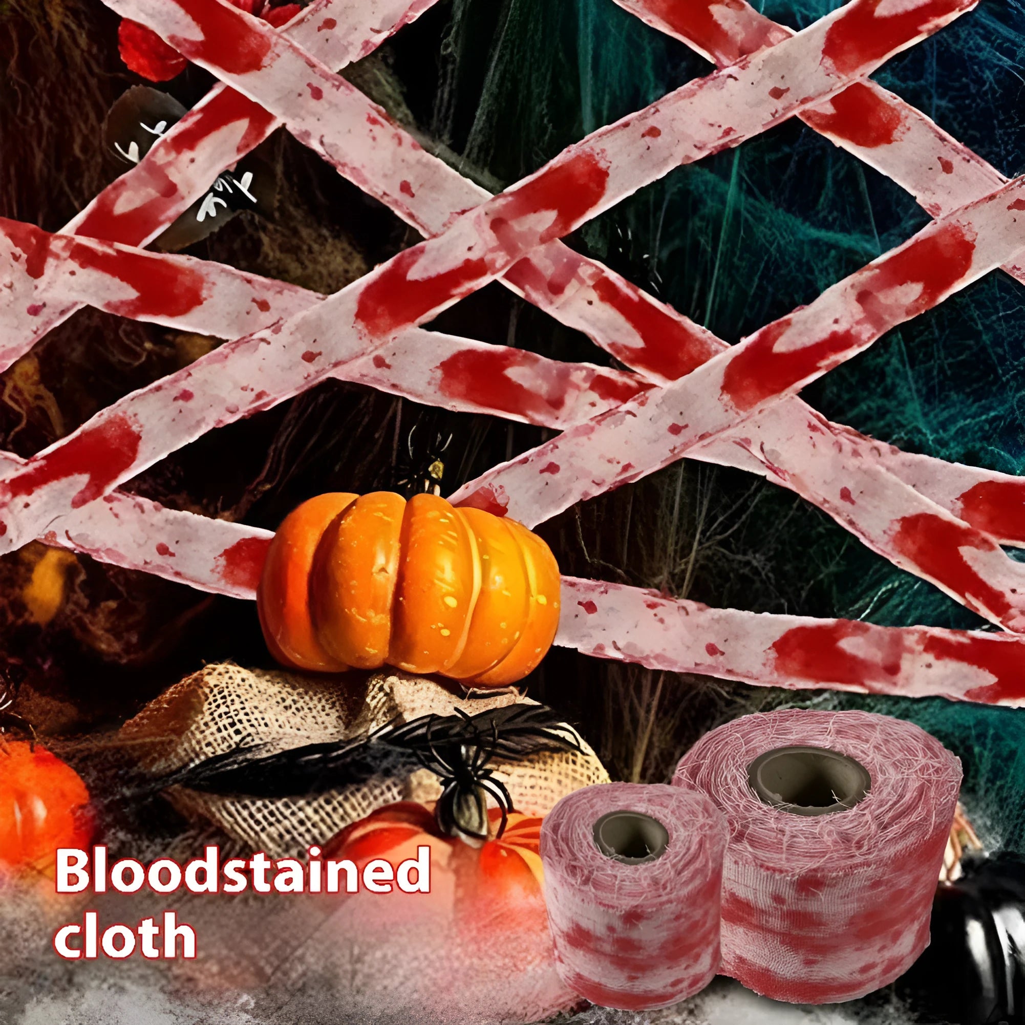 Roll of red polyester horror bandage with bloody print for Halloween decorations and costumes.