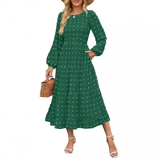 Women's high waist long sleeve dress with ruffled sleeves in beige colour.