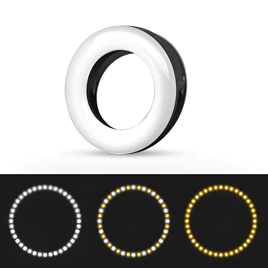 Black USB-rechargeable LED selfie ring light for mobile phone photography on a table.