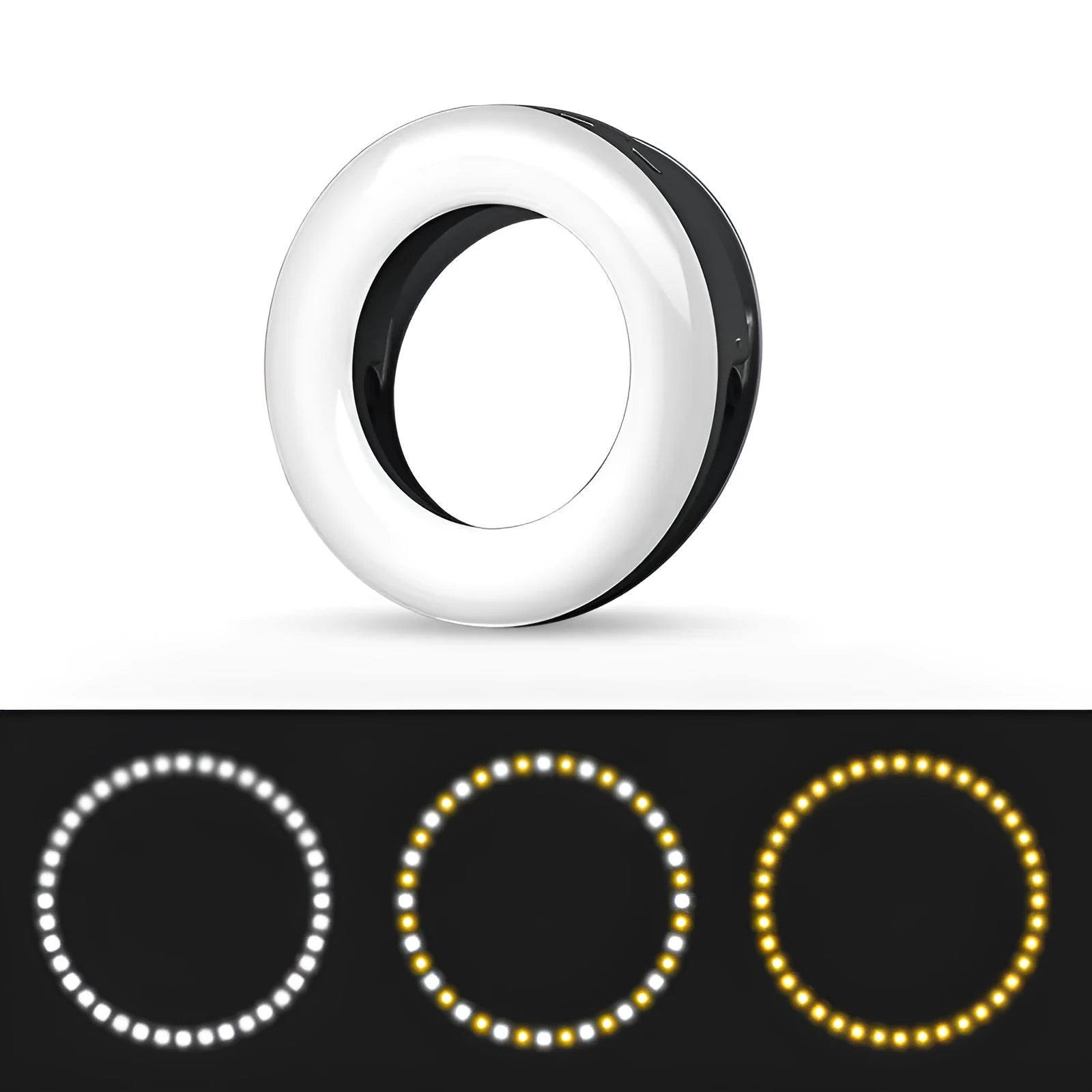 Black USB-rechargeable LED selfie ring light for mobile phone photography on a table.
