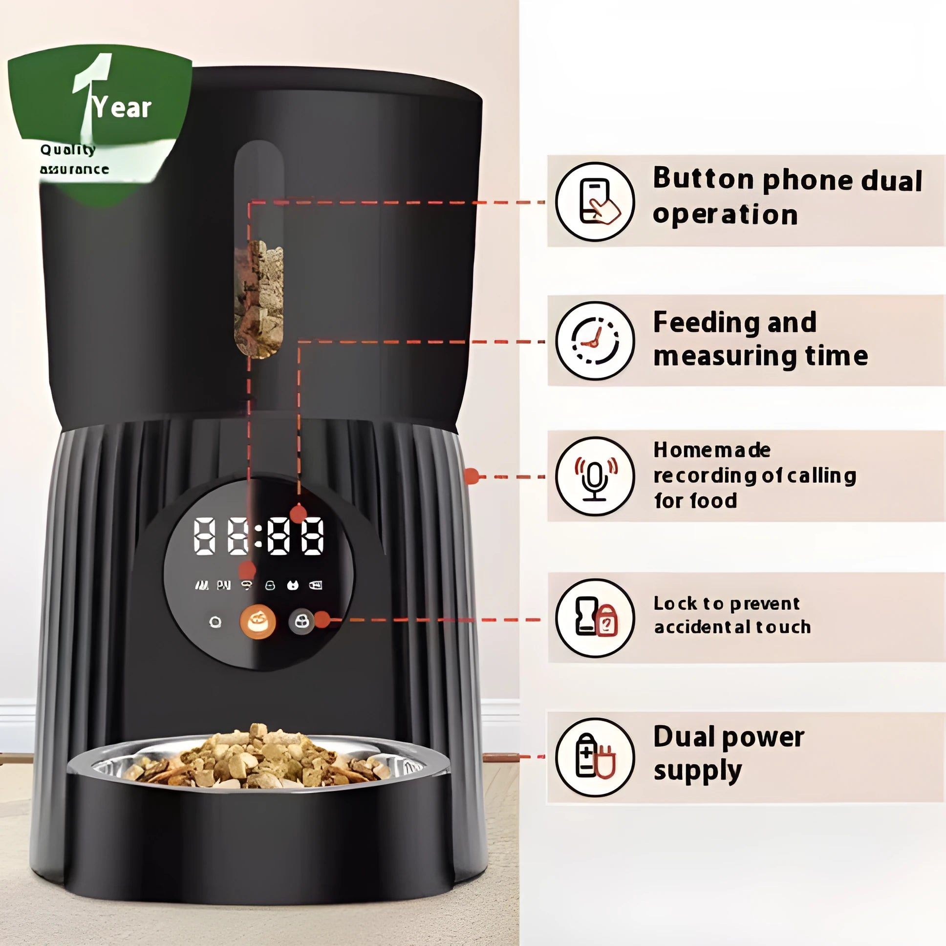 Black intelligent pet feeder with digital display and food container for automatic timed feeding