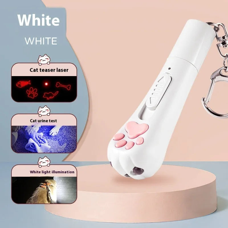 Plastic cat teaser pen light toy in cream white, pink, or sky blue colours with self-hi feature