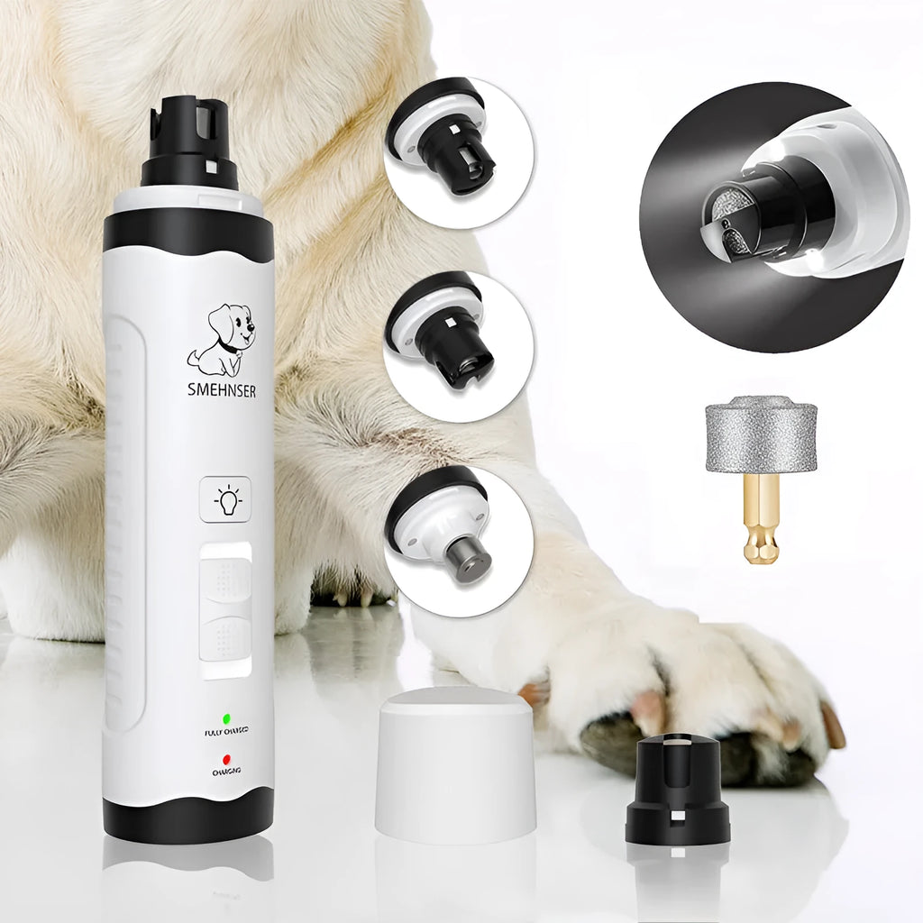 White and grey electric pet nail trimmer with LED display and dust collection port