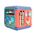 Multicoloured baby hexahedron educational toy cube showing bead maze, gear, and car maze activity faces