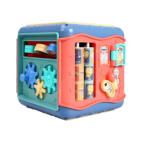 Multicoloured baby hexahedron educational toy cube showing bead maze, gear, and car maze activity faces