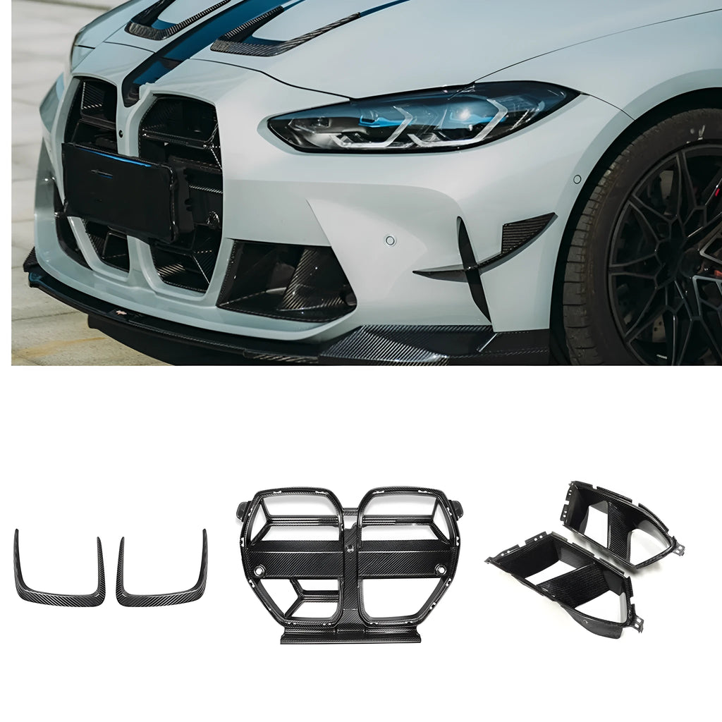 Dry carbon fibre front bumper grille for BMW M3 M4 G80 G82 models in black with 3K weave.