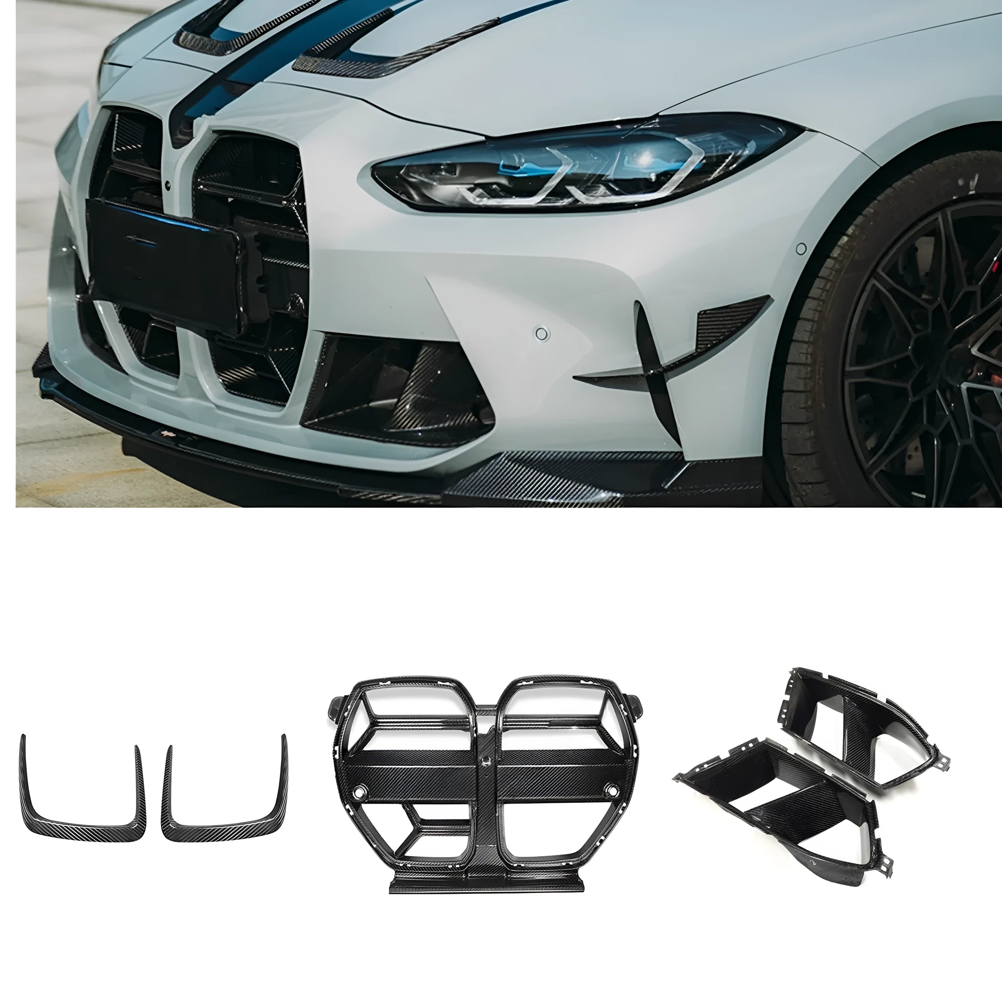 Dry carbon fibre front bumper grille for BMW M3 M4 G80 G82 models in black with 3K weave.