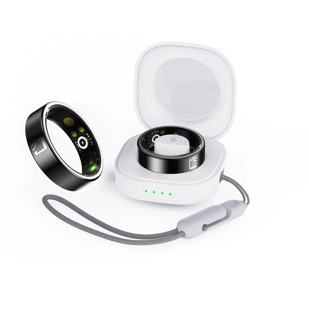 Black ceramic smart ring for heart rate and blood oxygen monitoring with charging case