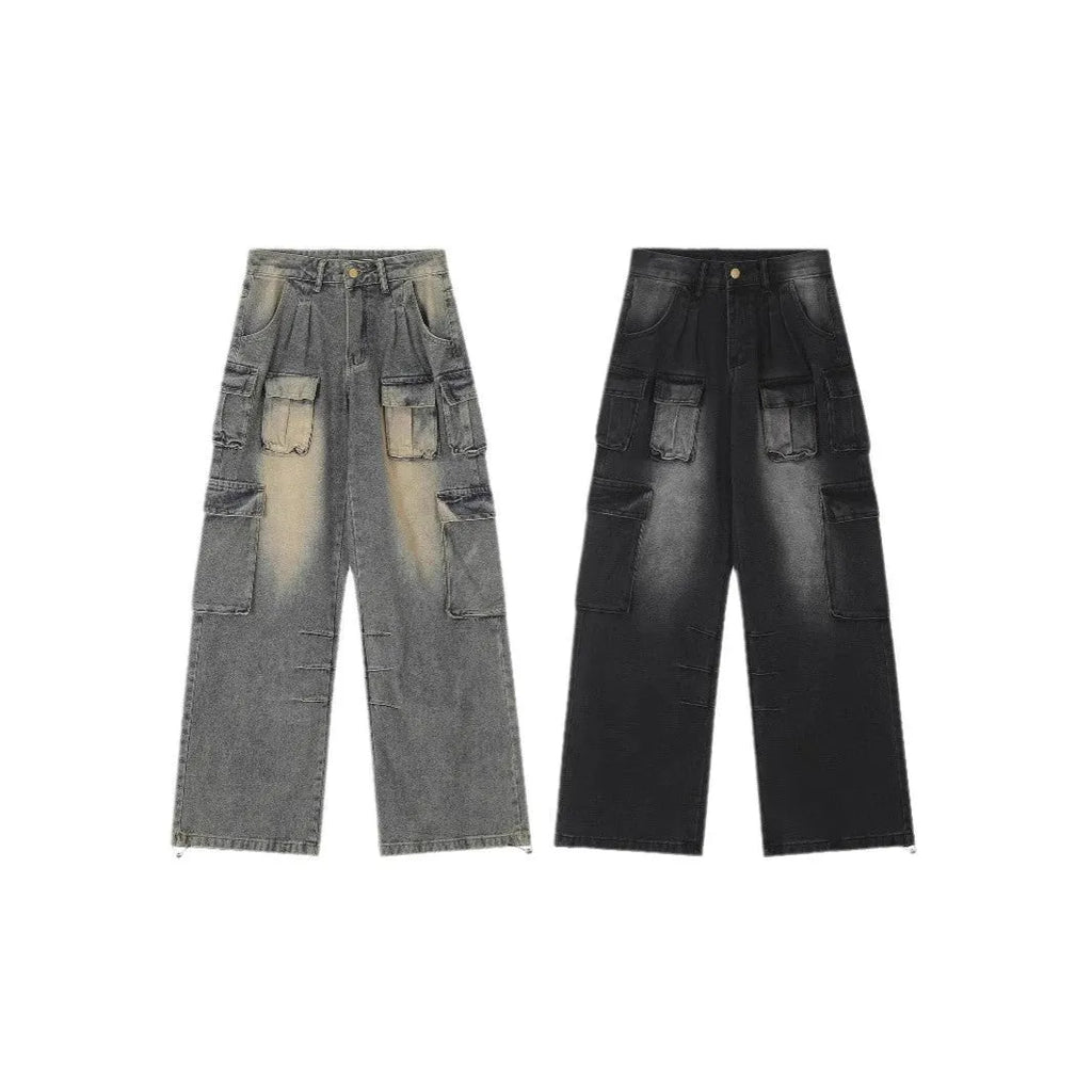 Men's loose fit distressed denim jeans with multiple pockets in street hipster style