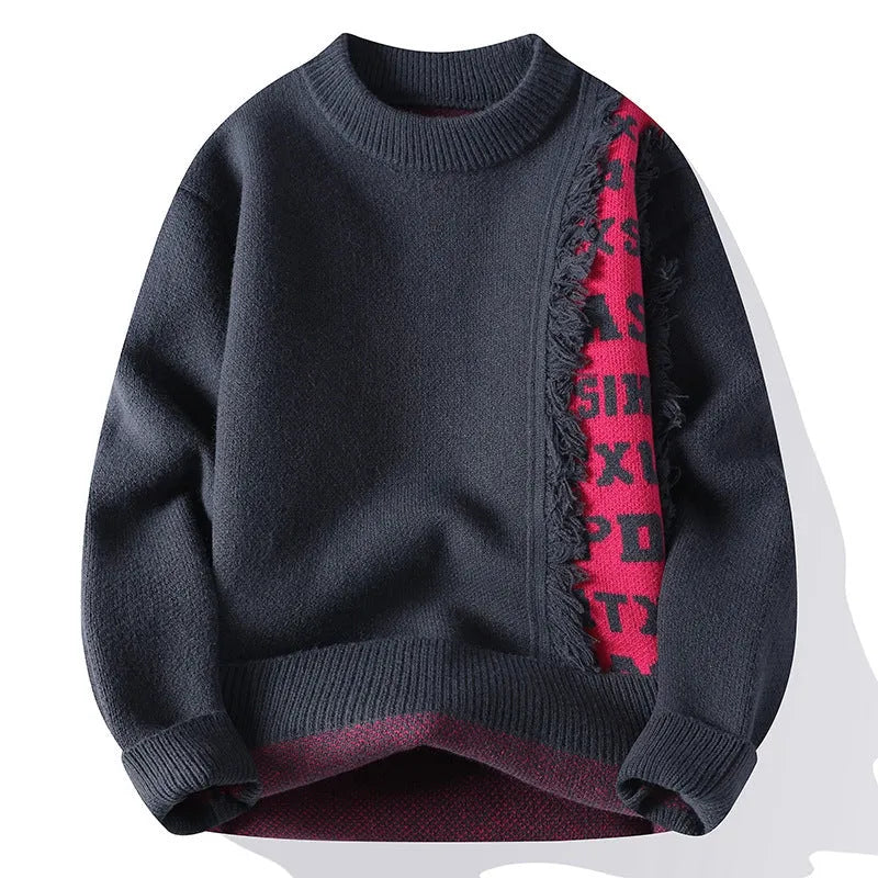 Men's loose grey knitted pullover with ribbed hemline on a hanger