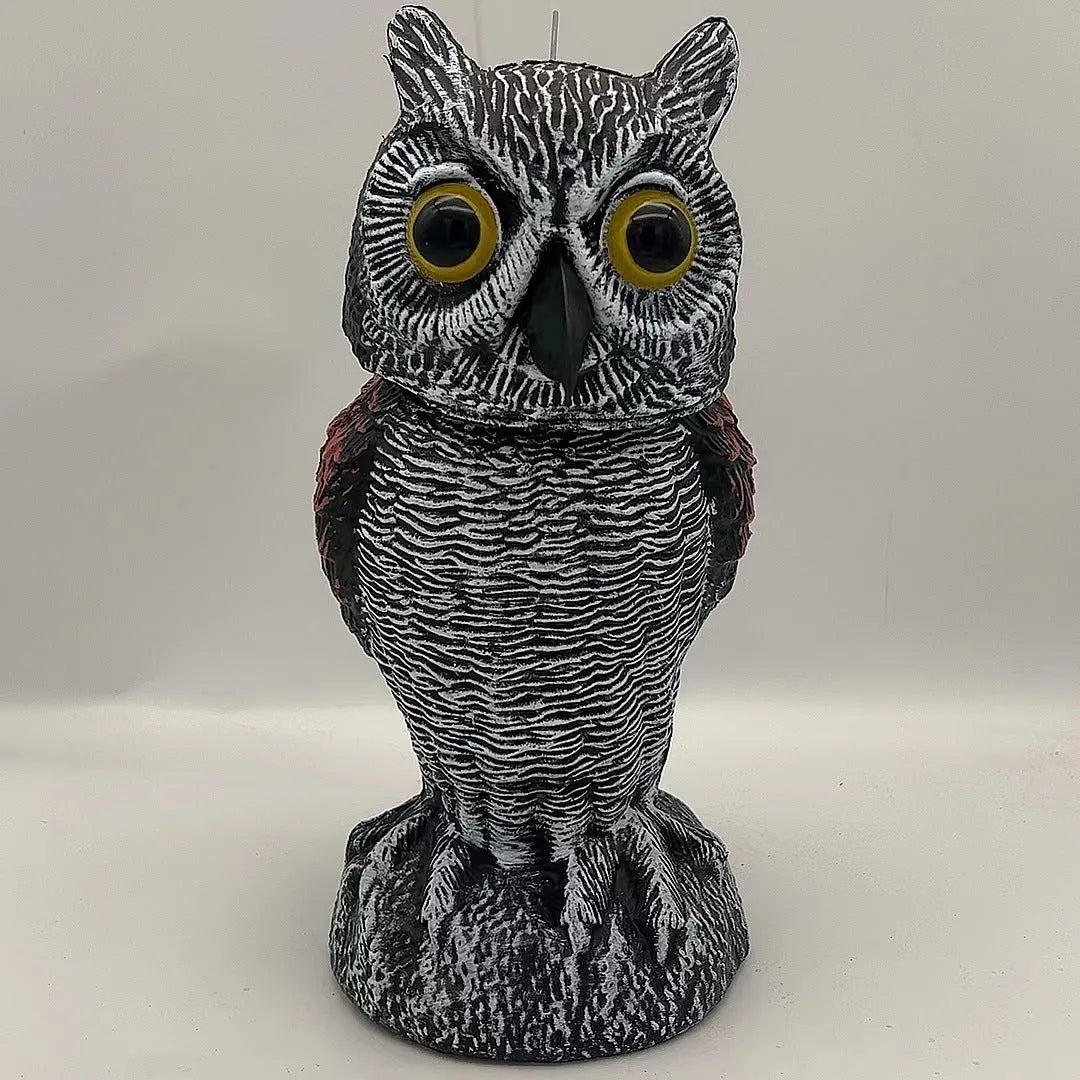 PE plastic artificial owl bird scarer ornament with shaking head, shown in bag-style mounting option.