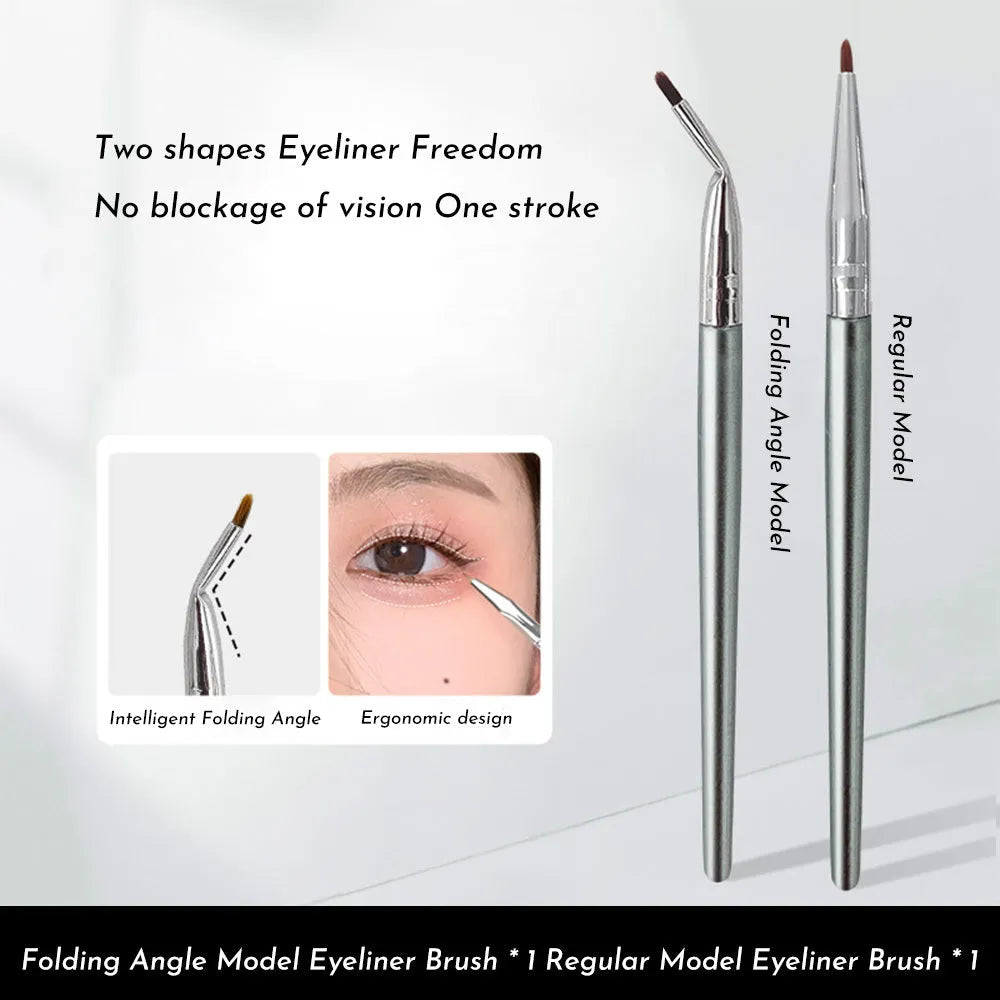 Bend head eyeliner and detail makeup brush for tear trough concealer and fine liner application.