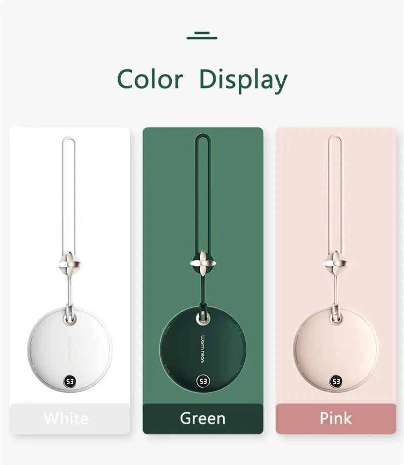 Green portable power bank with digital display and integrated hand warmer heater for phone charging