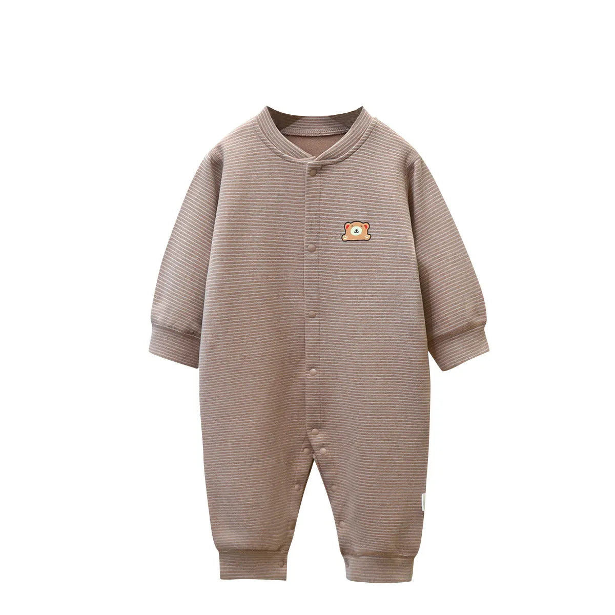 Baby Dralon striped jumpsuit romper in bean green with long sleeves and hide hook closure on white background