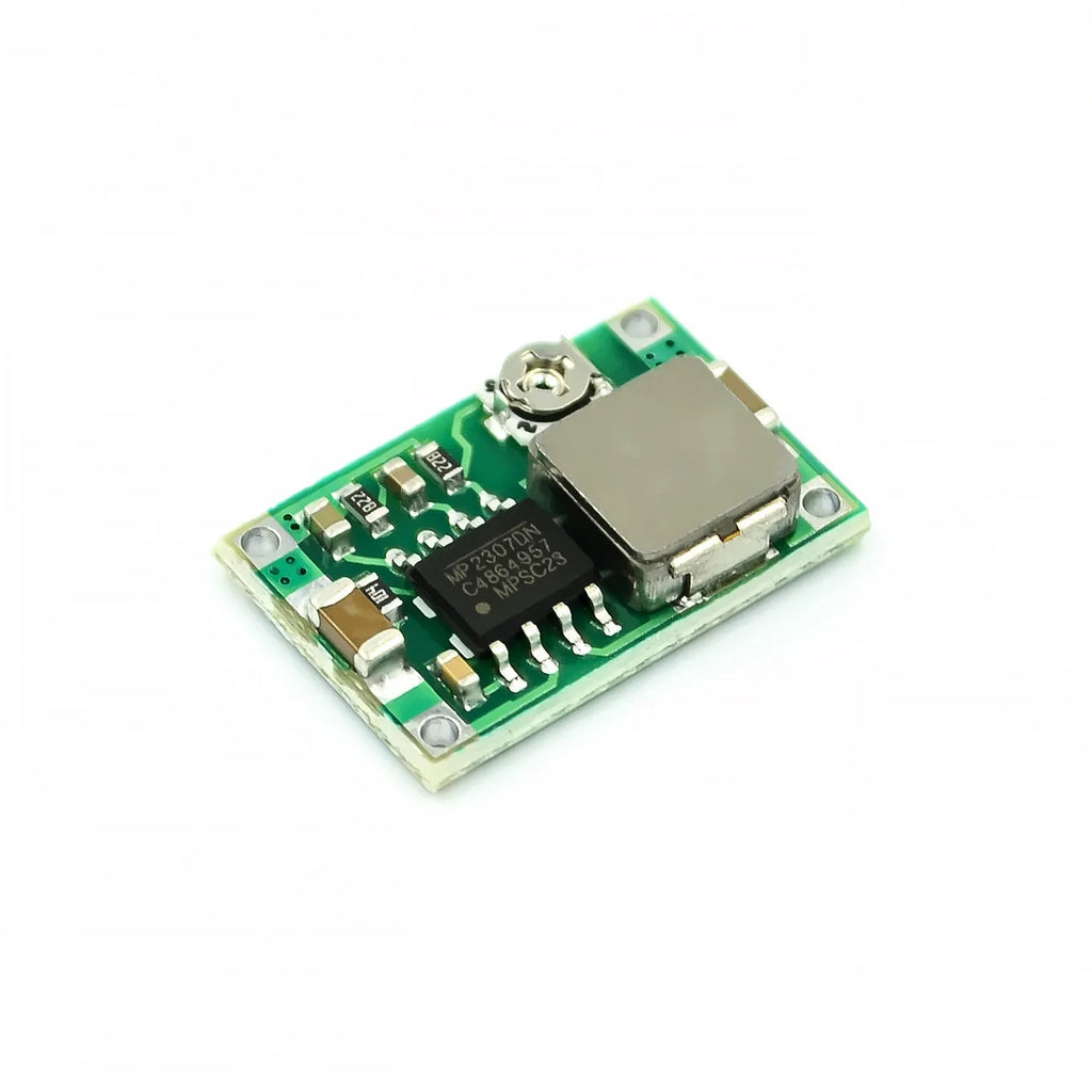 Mini 360 green DC-DC buck converter module measuring 17x11mm with voltage adjustment potentiometer