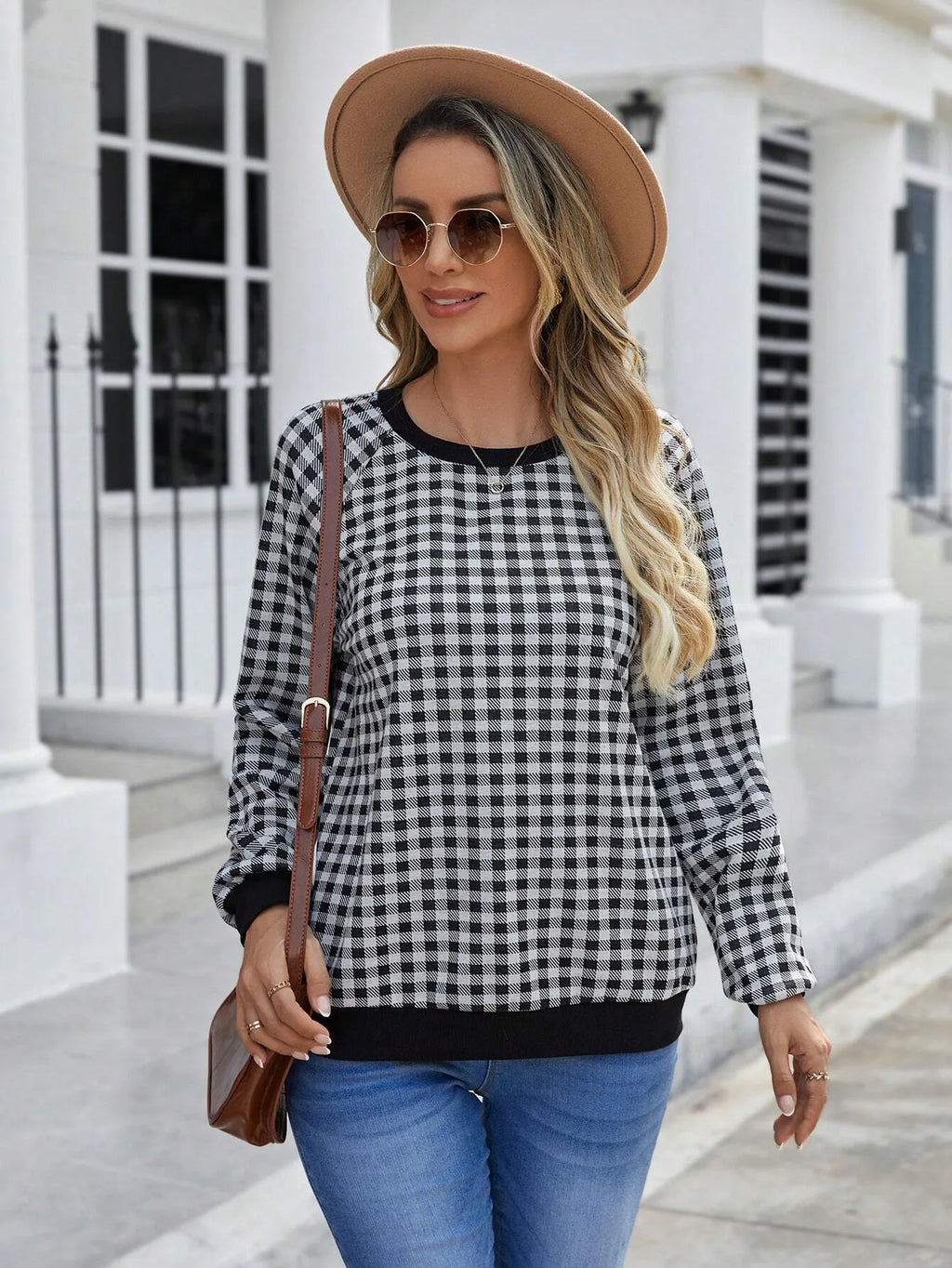 Black Japanese sweet plaid pullover long sleeve sweater with striped pattern on polyester fabric