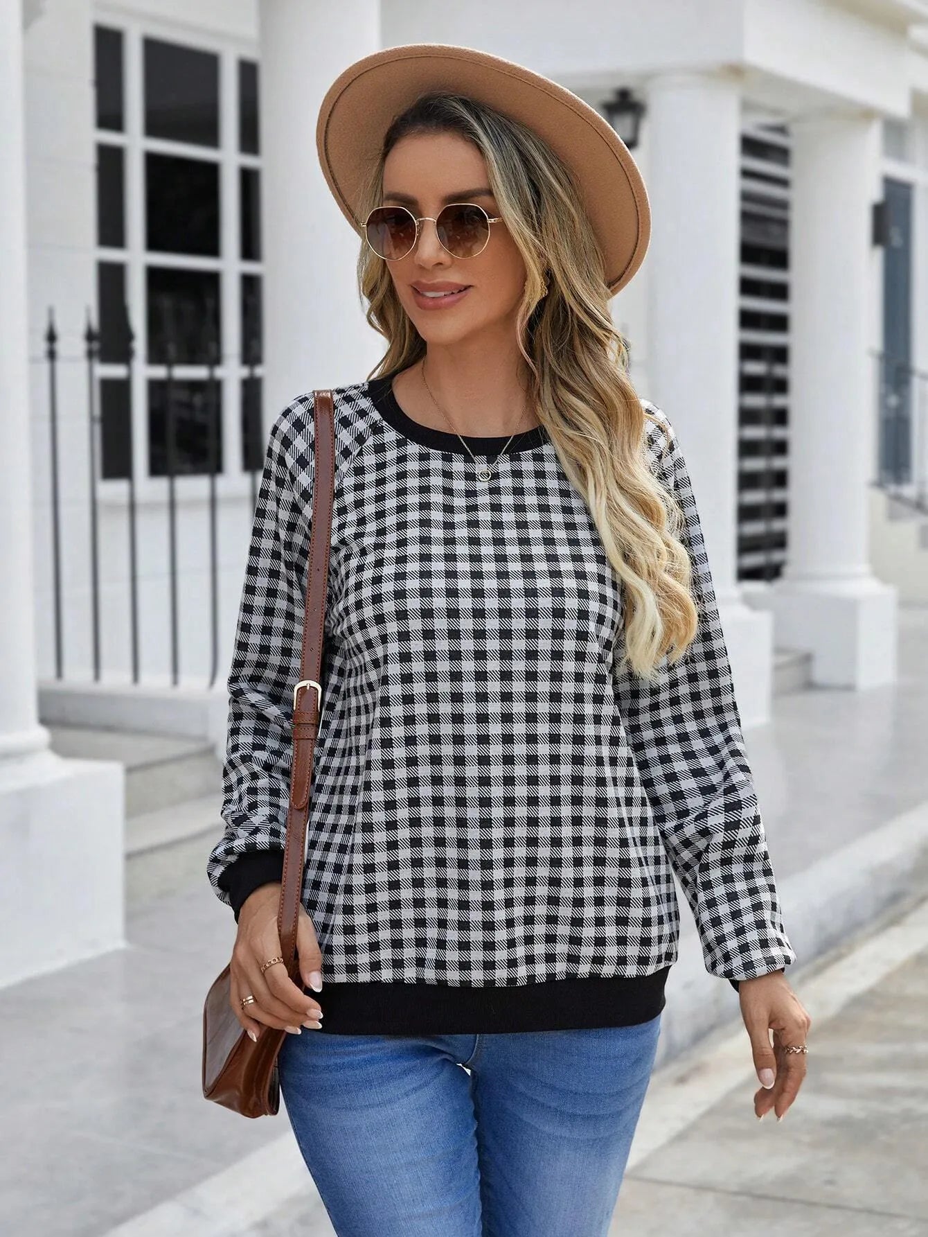 Black Japanese sweet plaid pullover long sleeve sweater with striped pattern on polyester fabric